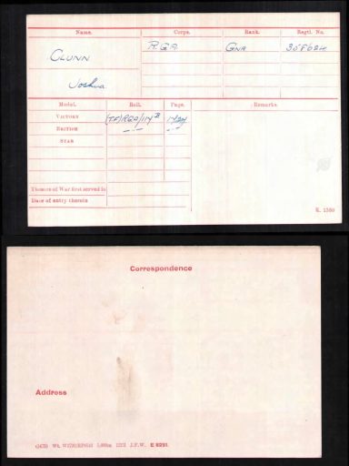 Joshua Clunn medal index card