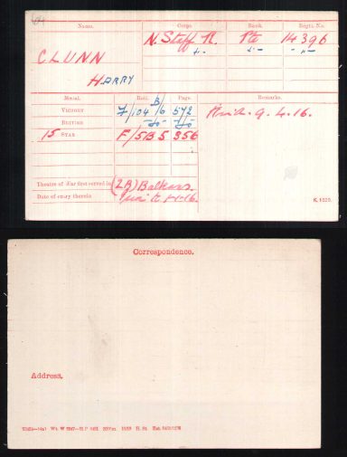 Medal Index card Harry Clunn