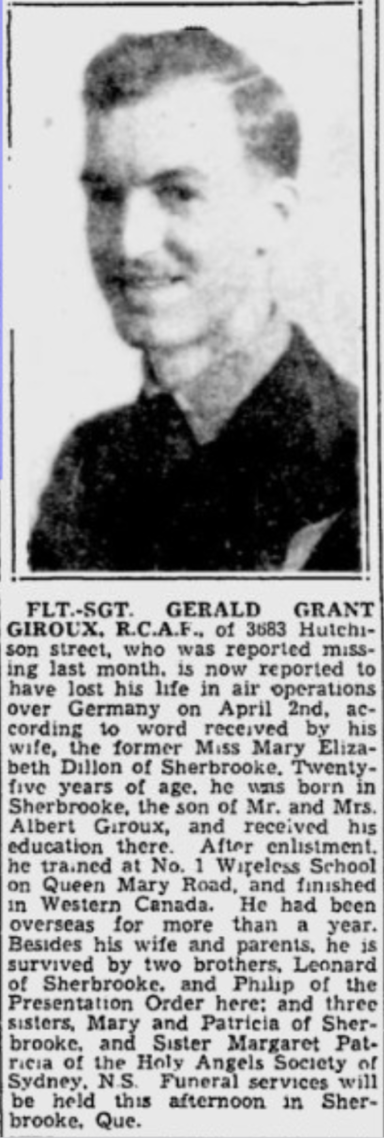 Flt/Sgt Gerald Grant Giroux RCAF with kind permission from Veterans Affairs Canada.
