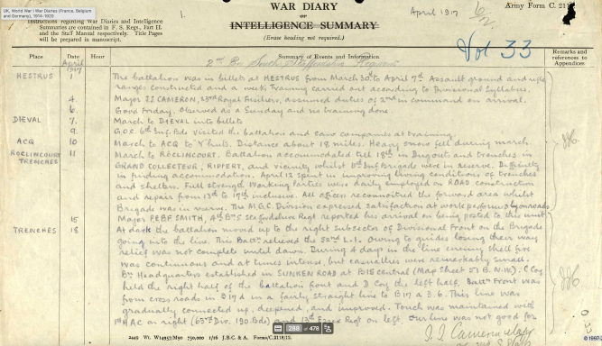 War diary April 1917 2nd Btn South Staffordshire Regt